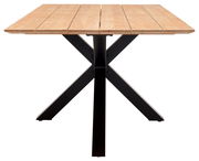 Rechteckiger Esstisch mit heller Holzplatte aus einzelnen Lamellen und schwarzem Metallgestell in X-Form, frontale Ansicht auf weißem Hintergrund