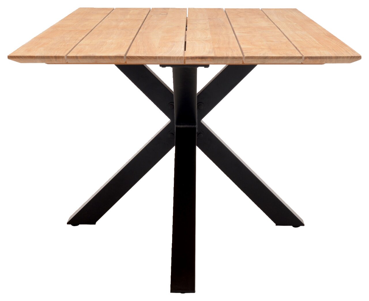 Rechteckiger Esstisch mit heller Holzplatte aus einzelnen Lamellen und schwarzem Metallgestell in X-Form, frontale Ansicht auf weißem Hintergrund
