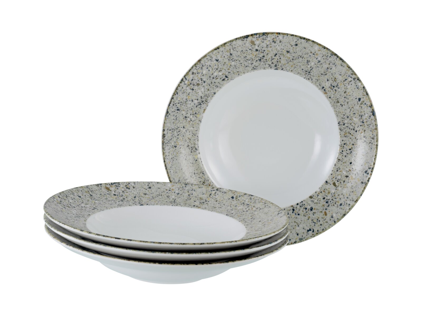 Creatable Pastateller 4-tlg STONE COLLECTION Stapel aus vier tiefen Speisetellern in Weiß mit gesprenkeltem grauem Rand, ein Teller aufrecht dahinter, fotografiert in leicht schräger Frontansicht vor weißem Hintergrund