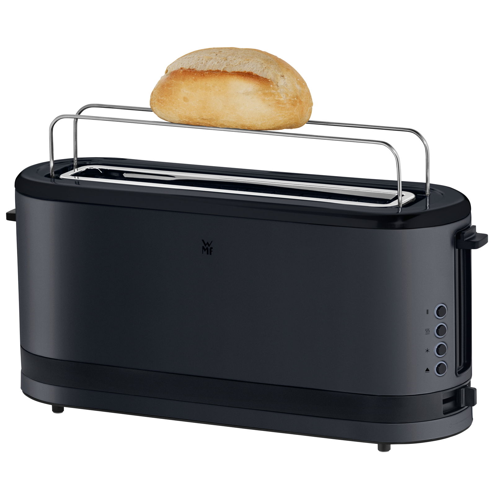 Langschlitztoaster in tiefschwarz mit Brötchenaufsatz, seitliche Perspektive