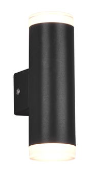 Schwarze zylindrische Wandleuchte Ray mit Lichtaustritt nach oben und unten, seitliche Perspektive