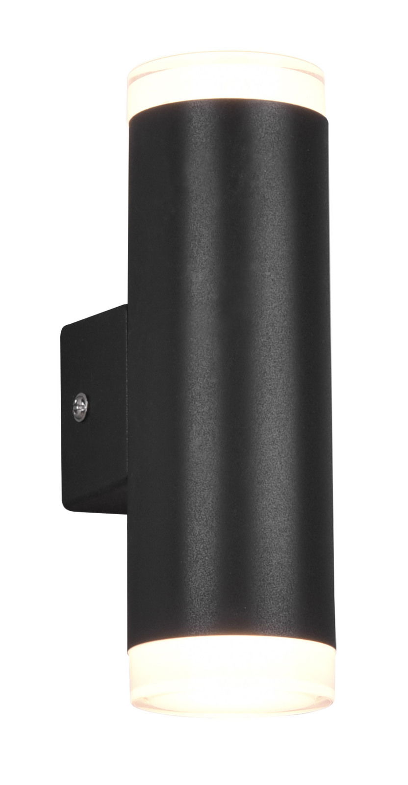 Schwarze zylindrische Wandleuchte Ray mit Lichtaustritt nach oben und unten, seitliche Perspektive