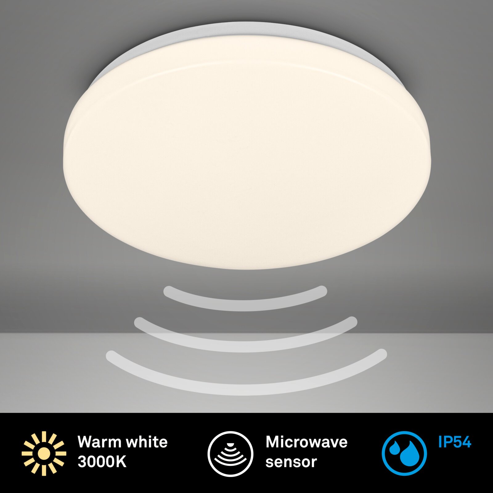 Ronde witte LED-plafondlamp met warm wit licht (3000K), geïntegreerde microgolfsensor en IP54-bescherming, afgebeeld van onderaf/vanuit de frontale onderzijde