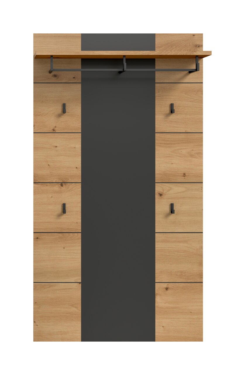 Moderne Garderobe aus hellem Holz mit mittigem schwarzen Paneel, Hutablage und Kleiderstange mit Haken, frontale Ansicht.