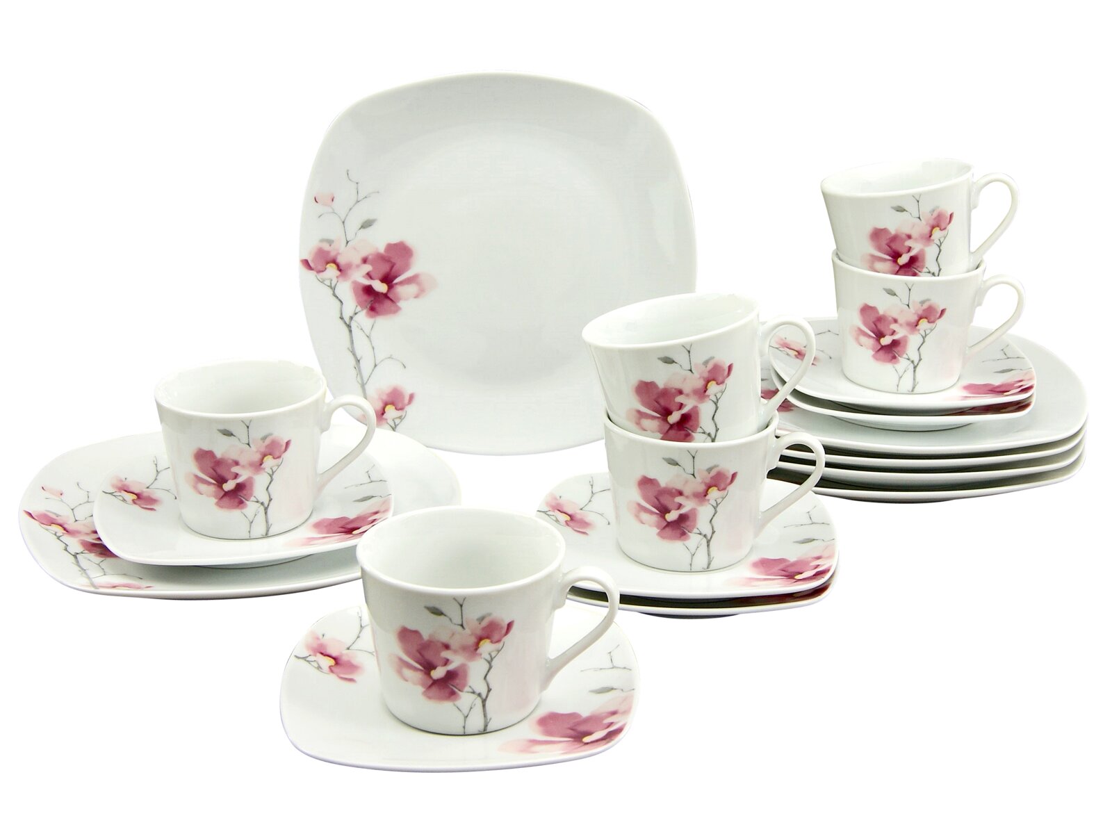 Weißes Porzellan-Kaffeeservice mit rosa Blütenmotiv, vier Tassen mit Untertassen und passenden Tellern, frontal in leichter Schrägansicht vor weißem Hintergrund.