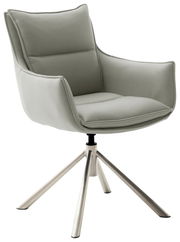 Moderner Sessel mit grauem Polster und Metallbeinen, seitliche Perspektive