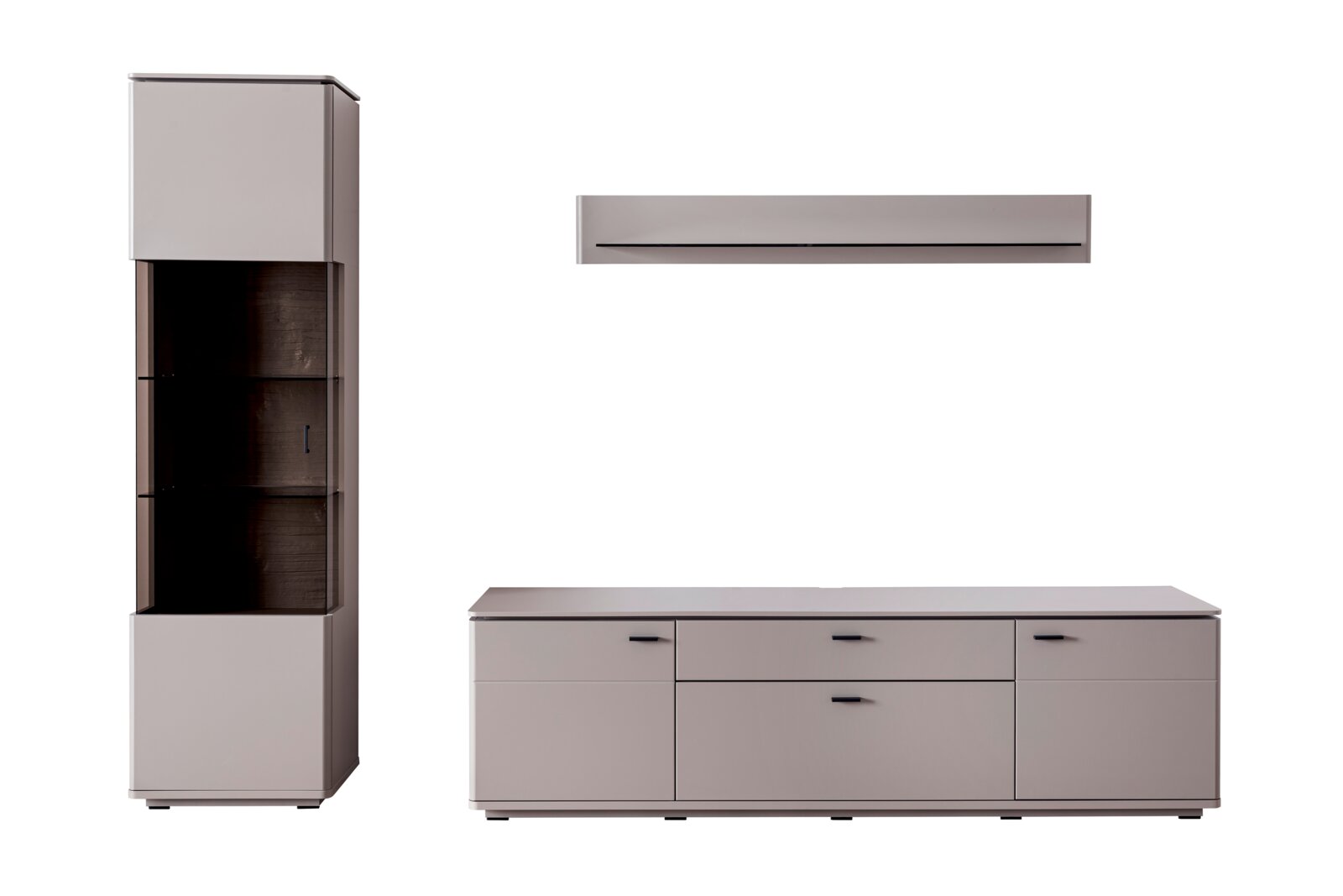 Zurbrüggen Wandkombination TORRENT Modernes Wohnzimmermöbel-Set in Hellgrau mit hoher Vitrine (Glasfächer), niedrigem Sideboard mit Schubladen/Türen und schwebendem Wandregal, Frontansicht