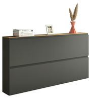 Moderner XL-Hängeschuhschrank in dunklem Grau mit zwei Klappen, dekoriert mit Büchern, einem Bilderrahmen und einer Vase mit Pampasgras, seitliche Perspektive.