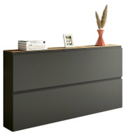 Moderner XL-Hängeschuhschrank in dunklem Grau mit zwei Klappen, dekoriert mit Büchern, einem Bilderrahmen und einer Vase mit Pampasgras, seitliche Perspektive.