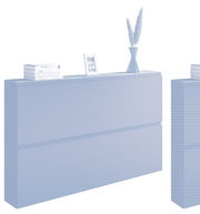 Moderner XL-Hängeschuhschrank in dunklem Grau mit zwei Klappen, dekoriert mit Büchern, einem Bilderrahmen und einer Vase mit Pampasgras, seitliche Perspektive.