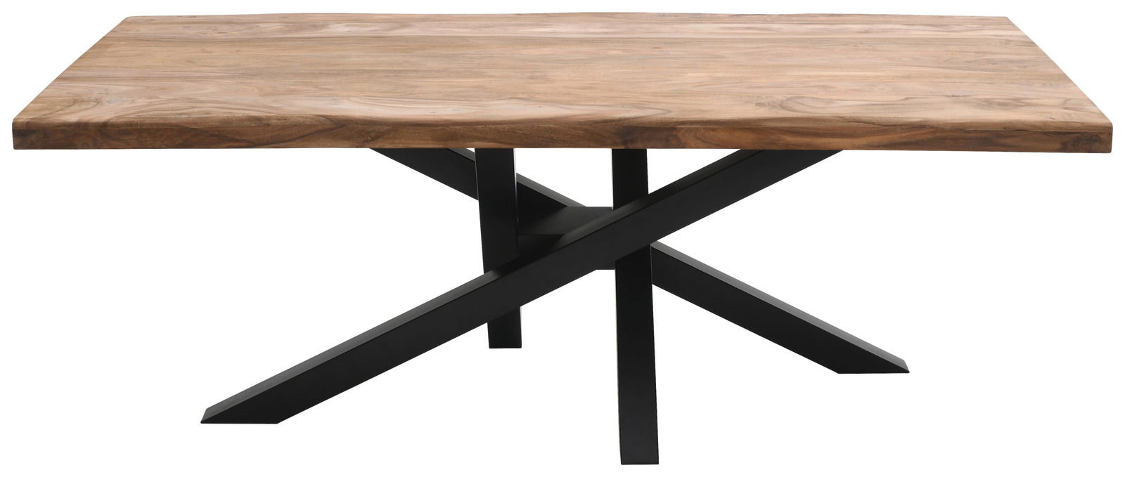 Moderner Esstisch mit Holzplatte und schwarzem Metallgestell, seitliche Perspektive