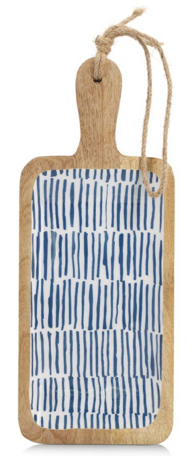 Servierbrett aus Mangoholz mit blau-weißem Streifenmuster, Draufsicht