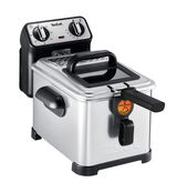 Fritteuse Filtra Pro Inox von schräg vorne mit Temperaturregler und Ölfiltrationssystem