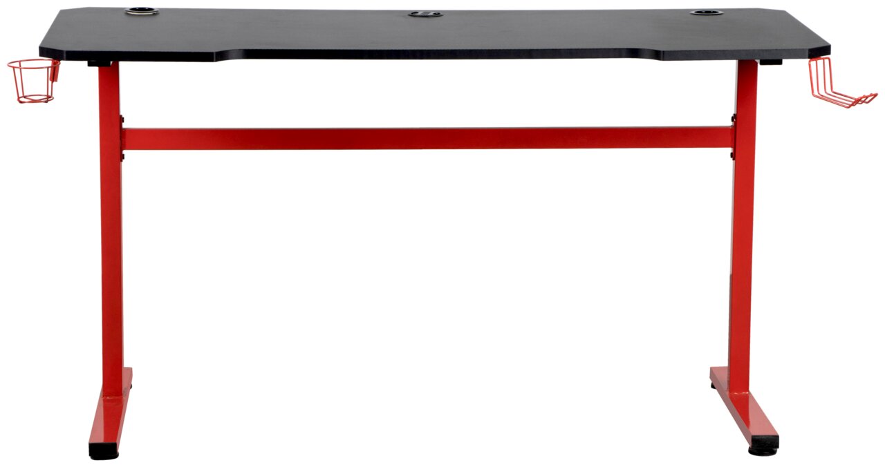 Gaming Tisch mit schwarzer Tischplatte und roten Beinen, frontal betrachtet, mit Getränkehalter und Kopfhörerhaken.