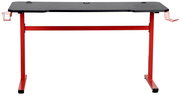 Gaming Tisch mit schwarzer Tischplatte und roten Beinen, frontal betrachtet, mit Getränkehalter und Kopfhörerhaken.