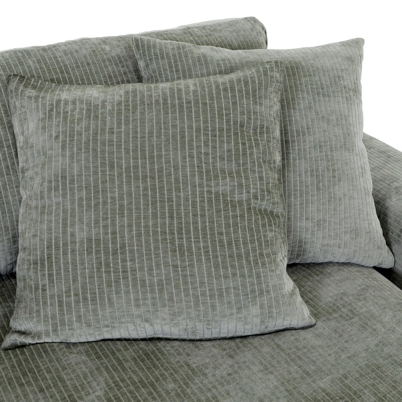 Nahaufnahme von zwei gestreiften, grauen Kissen auf einem Ecksofa, Perspektive von oben.