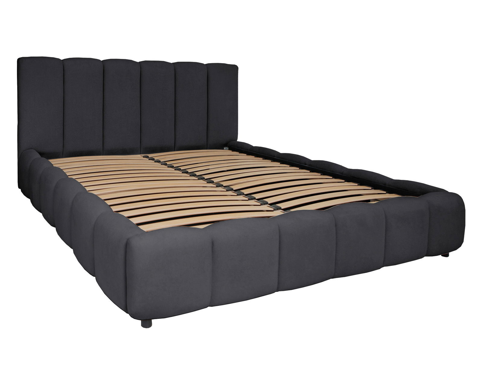 Polsterbettgestell in dunklem Stoff mit Lattenrost, seitliche Perspektive