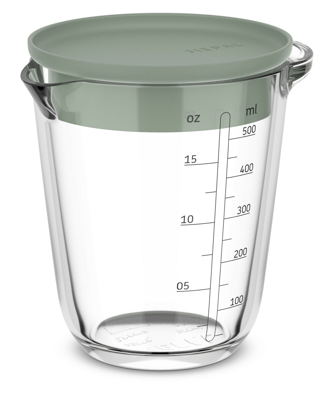 Glas-Messbecher mit 500 ml Fassungsvermögen und Deckel, seitliche Ansicht