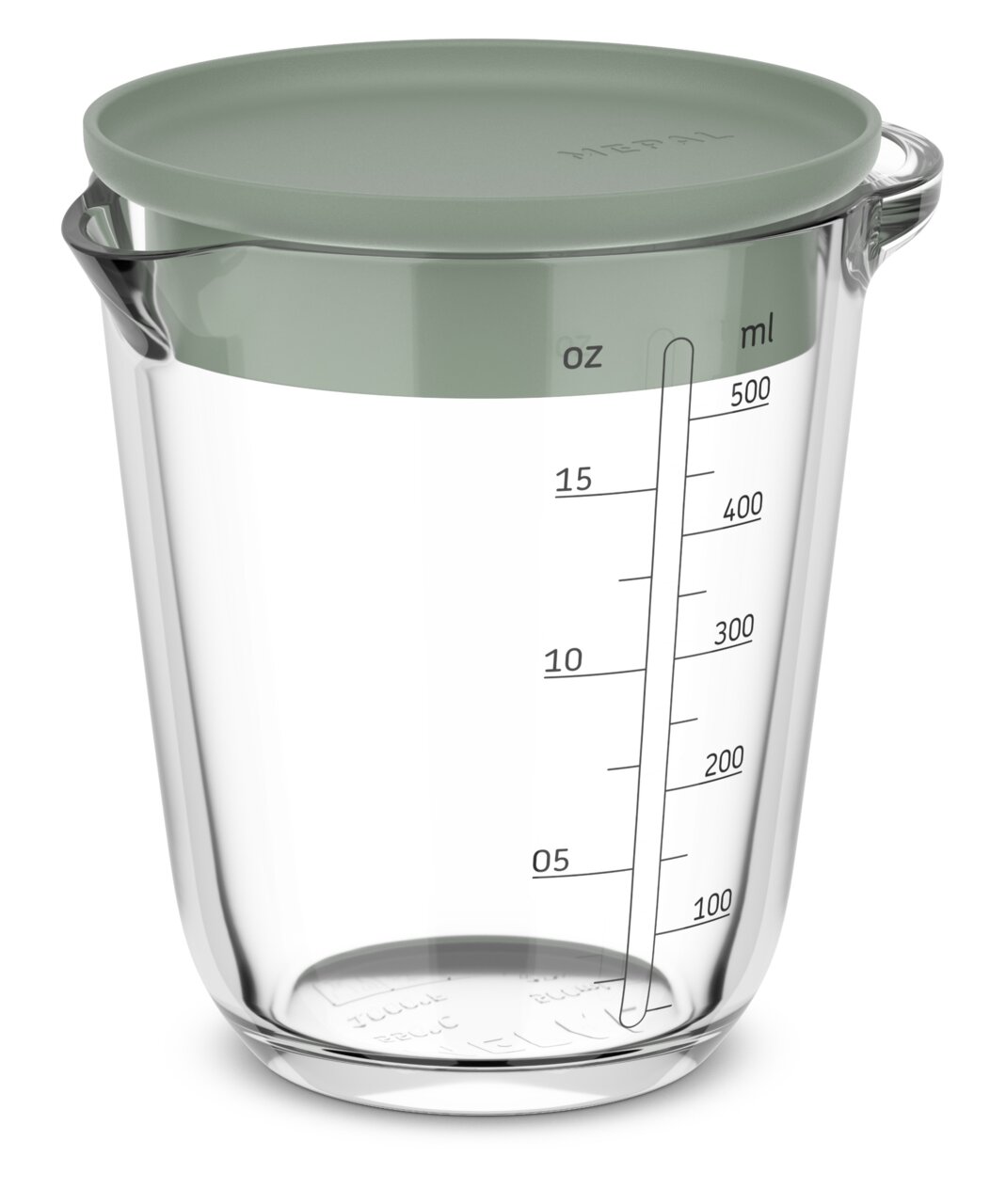 Glas-Messbecher mit 500 ml Fassungsvermögen und Deckel, seitliche Ansicht