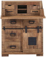 Rustikaler Sekretär aus Holz mit mehreren Schubladen und Fächern, frontal abgebildet.