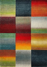 Abstraktes, farbenfrohes Patchwork-Design mit 3x4 quadratischen Farbflächen und sanften Farbverläufen in Rot, Orange, Grün, Blau, Grau und Schwarz, frontal von oben aufgenommen.