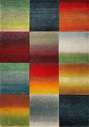 Abstraktes, farbenfrohes Patchwork-Design mit 3x4 quadratischen Farbflächen und sanften Farbverläufen in Rot, Orange, Grün, Blau, Grau und Schwarz, frontal von oben aufgenommen.