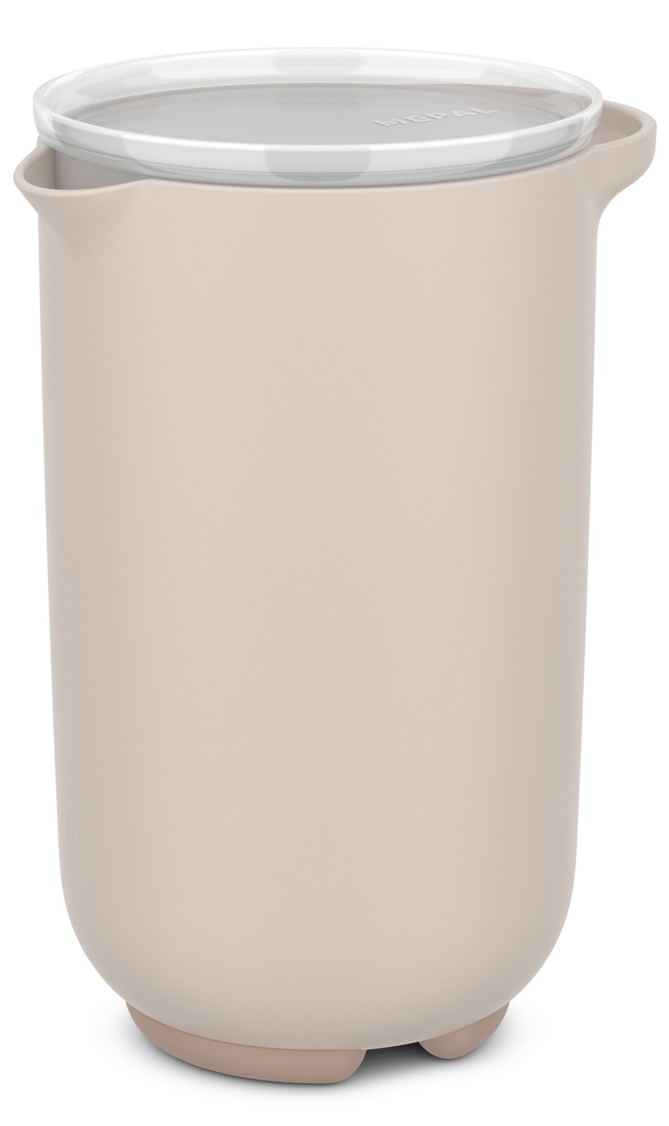 Beiger Rührbecher mit Deckel, seitliche Perspektive