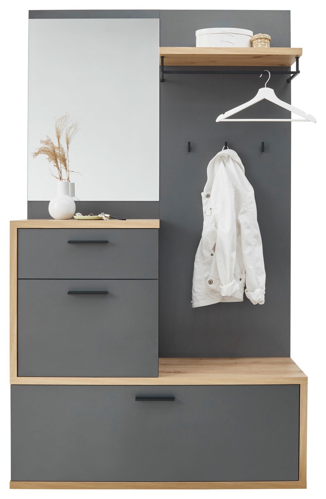 Kompaktgarderobe mit Spiegel, grauen Schubladen und Holzdetails, frontal betrachtet