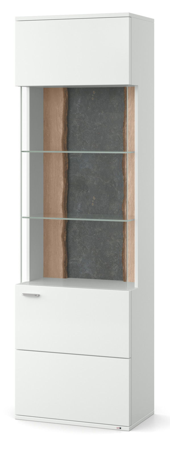 Moderne Vitrine in Weiß mit Glasregalen und Holzrückwand, Frontalansicht