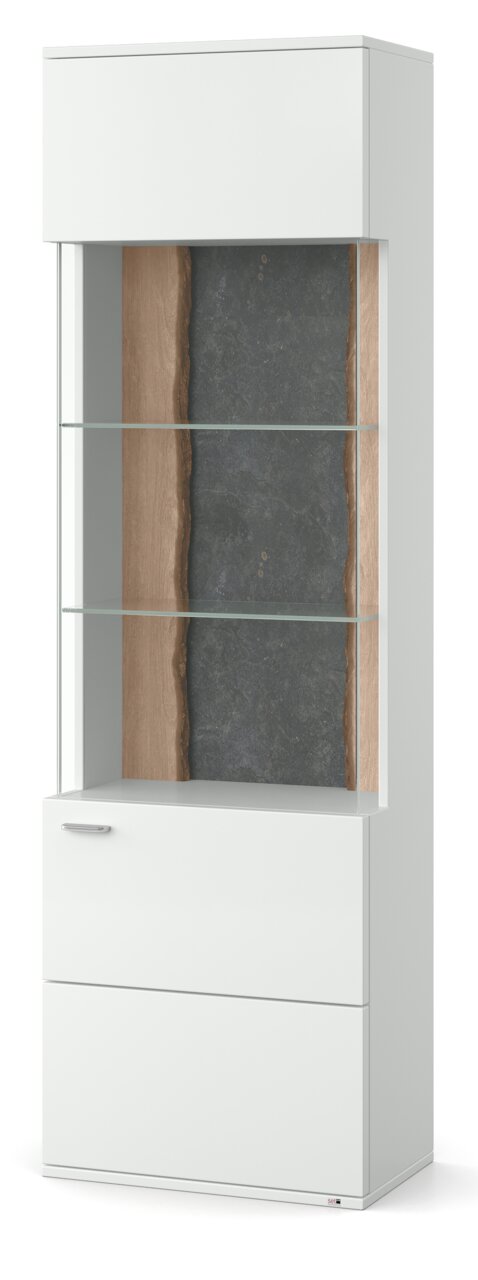 Moderne Vitrine in Weiß mit Glasregalen und Holzrückwand, Frontalansicht