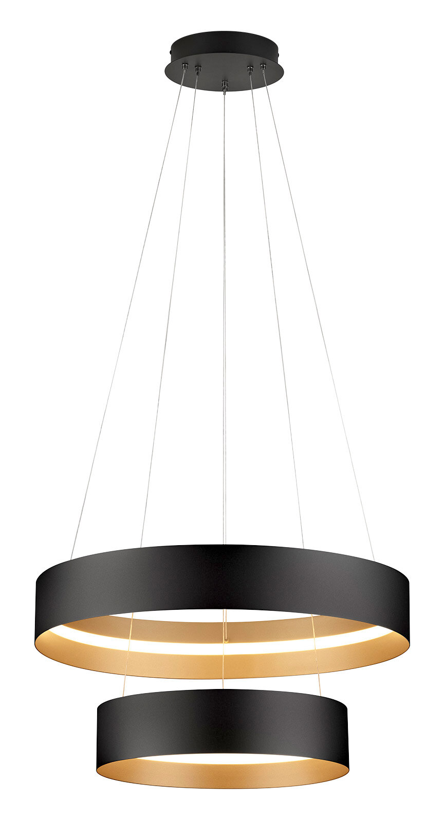 Moderne Pendelleuchte LOOP mit zwei schwarzen Ringen, von der Decke hängend, seitliche Perspektive.