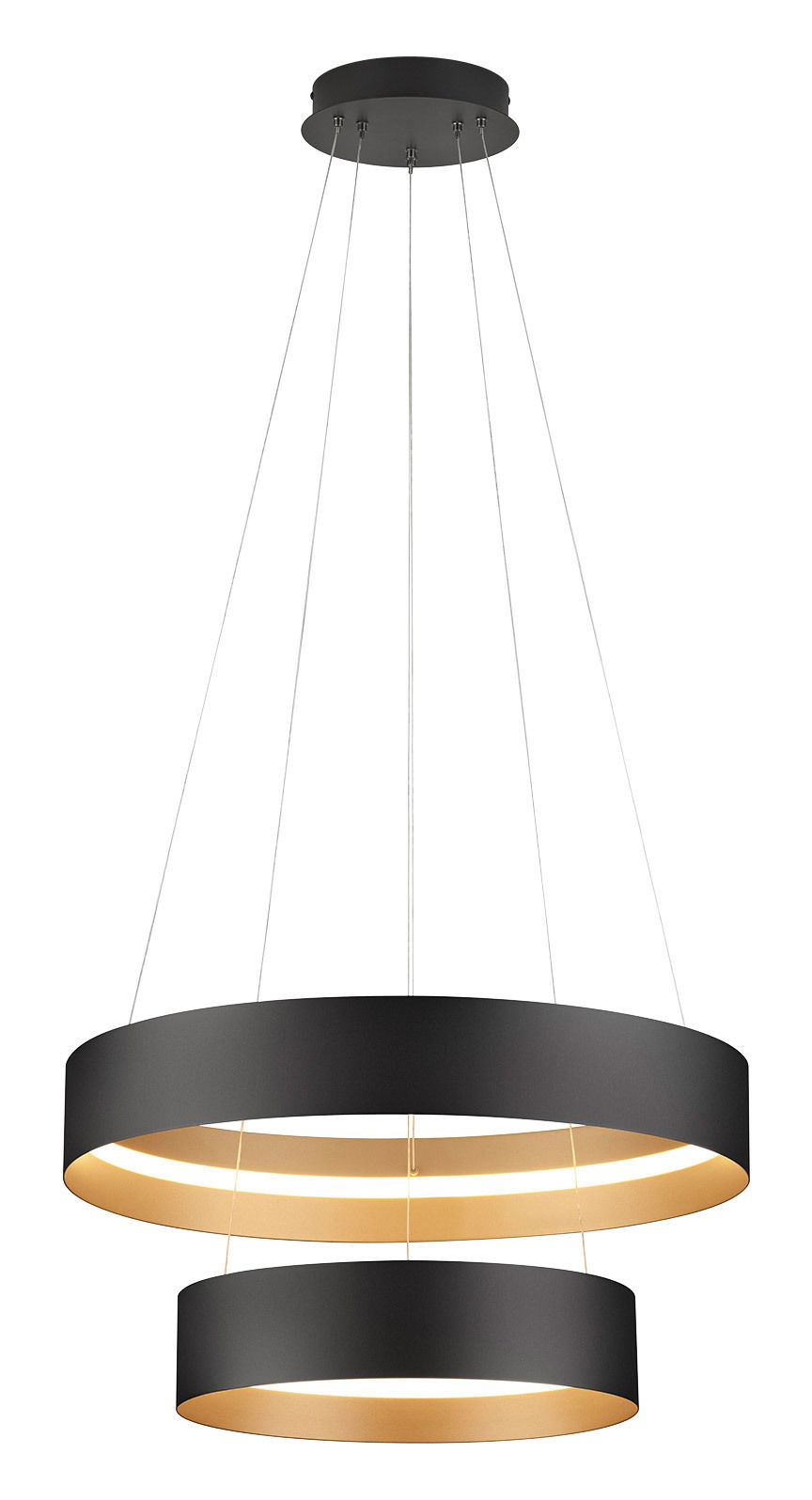 Moderne Pendelleuchte LOOP mit zwei schwarzen Ringen, von der Decke hängend, seitliche Perspektive.