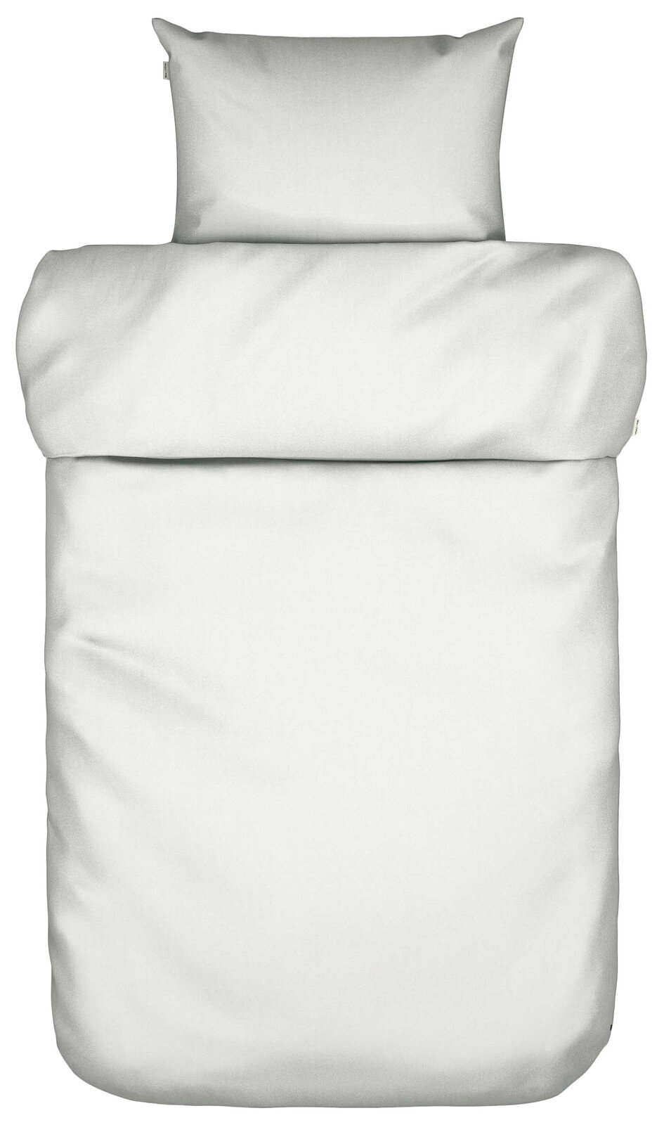 Bettwäsche-Set in Weiß, bestehend aus einem Kissenbezug und einem Bettdeckenbezug, aus der Vogelperspektive fotografiert.
