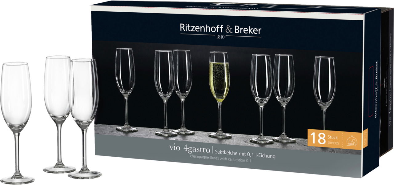 Sektset 18-teilig von Ritzenhoff & Breker, bestehend aus eleganten Sektgläsern, präsentiert in einer stilvollen Verpackung. Vorderansicht.