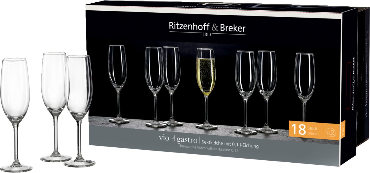 Sektset 18-teilig von Ritzenhoff & Breker, bestehend aus eleganten Sektgläsern, präsentiert in einer stilvollen Verpackung. Vorderansicht.