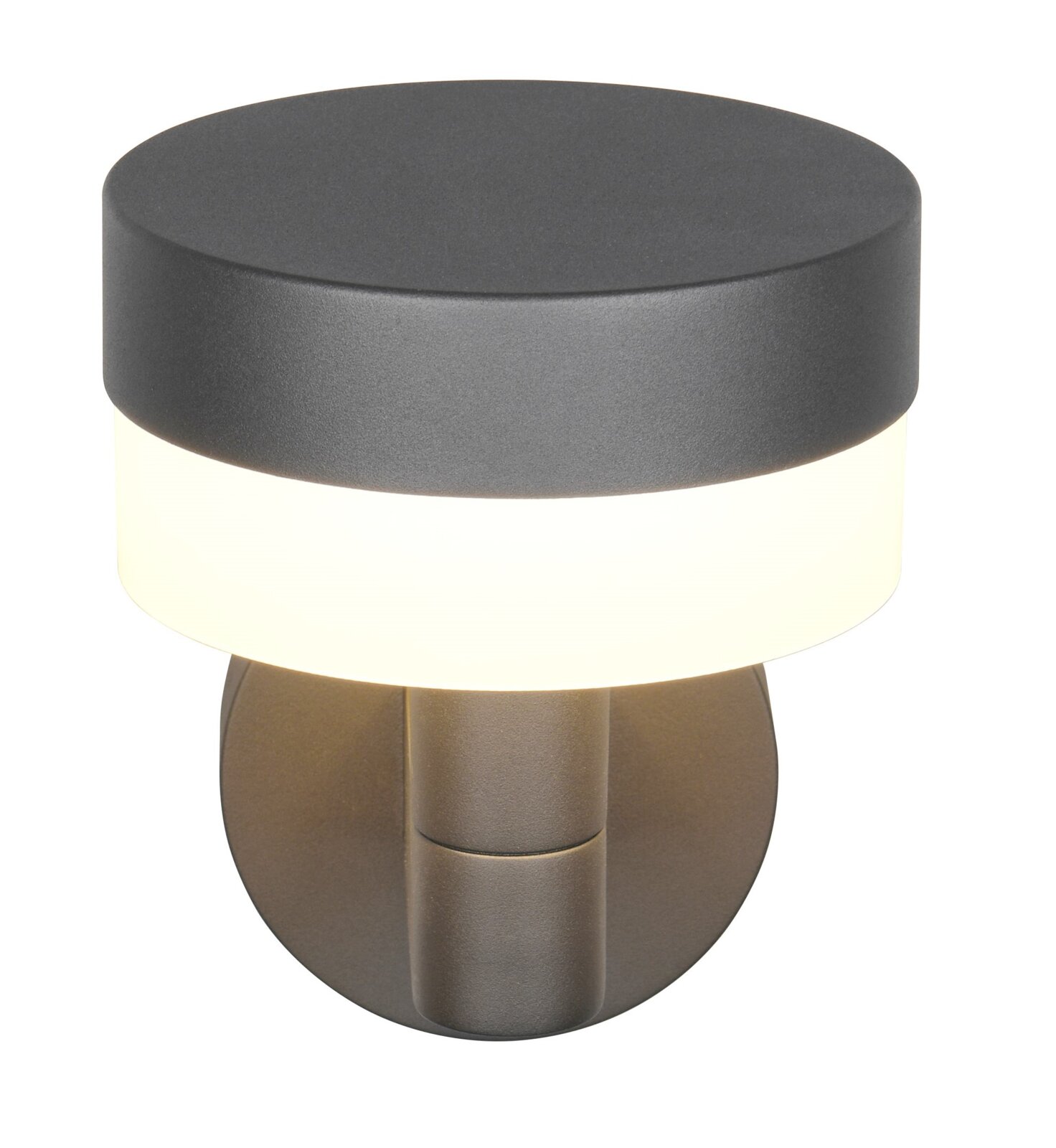 Moderne LED-buitenwandlamp in zijaanzicht met een ronde, donkere behuizing en een helderwitte lichtverspreider.