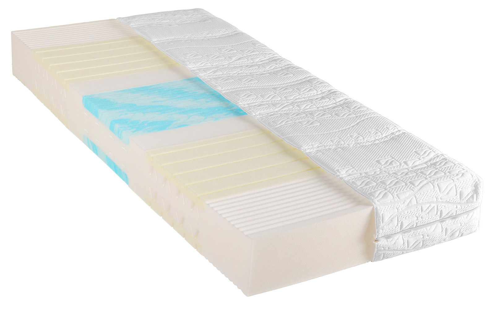 Novel Komfortschaummatratze H2 MEDICAL DREAM Querschnitt einer Komfortschaummatratze MEDICAL DREAM mit sichtbaren Schichten und Struktur, perspektivisch von der Seite gezeigt.
