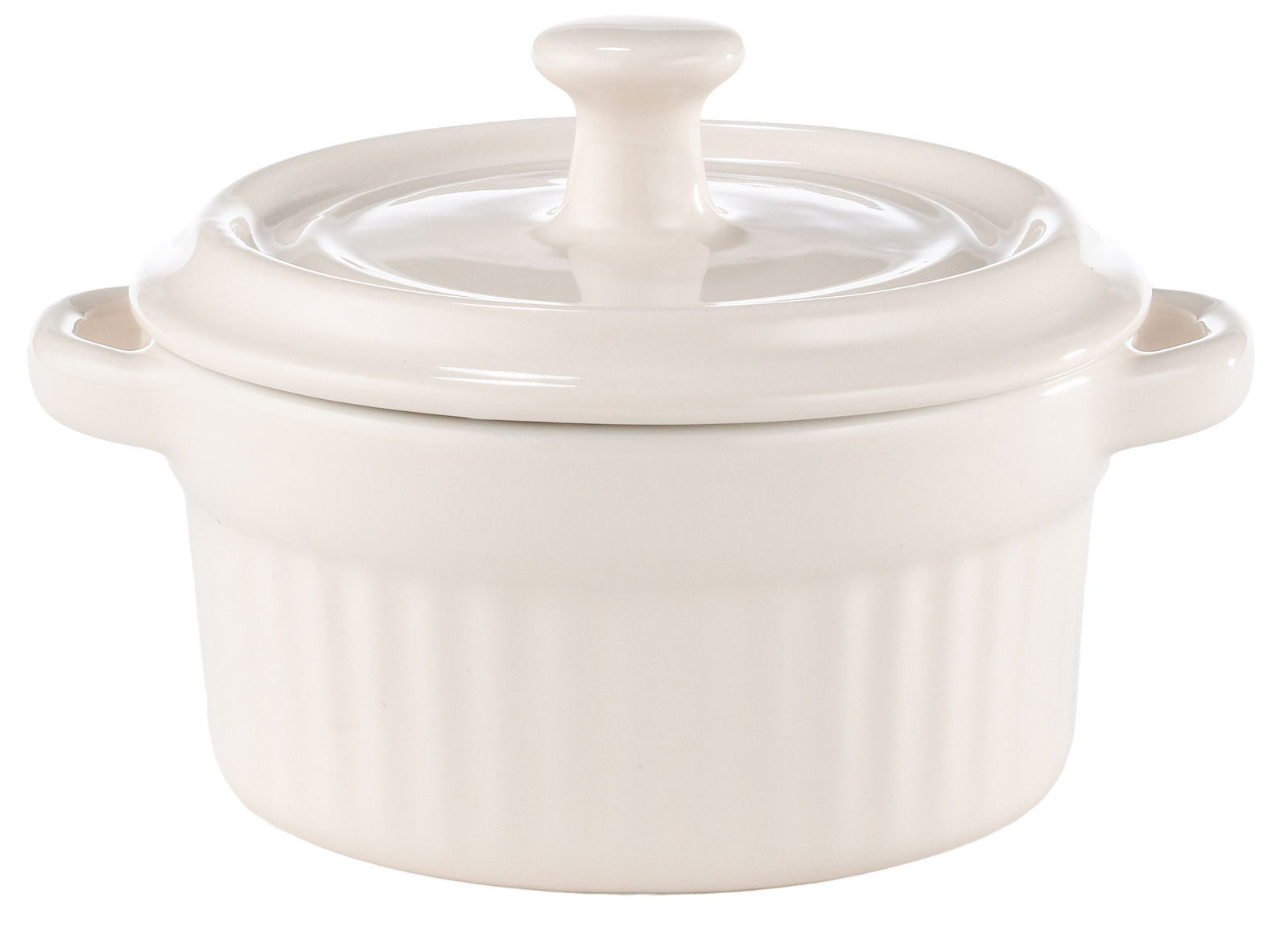 Weiße Mini-Cocotte mit Deckel, seitliche Perspektive