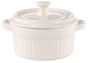 Weiße Mini-Cocotte mit Deckel, seitliche Perspektive