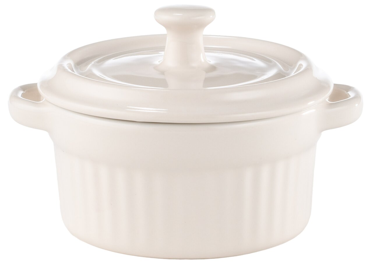Weiße Mini-Cocotte mit Deckel, seitliche Perspektive
