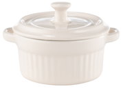 Weiße Mini-Cocotte mit Deckel, seitliche Perspektive