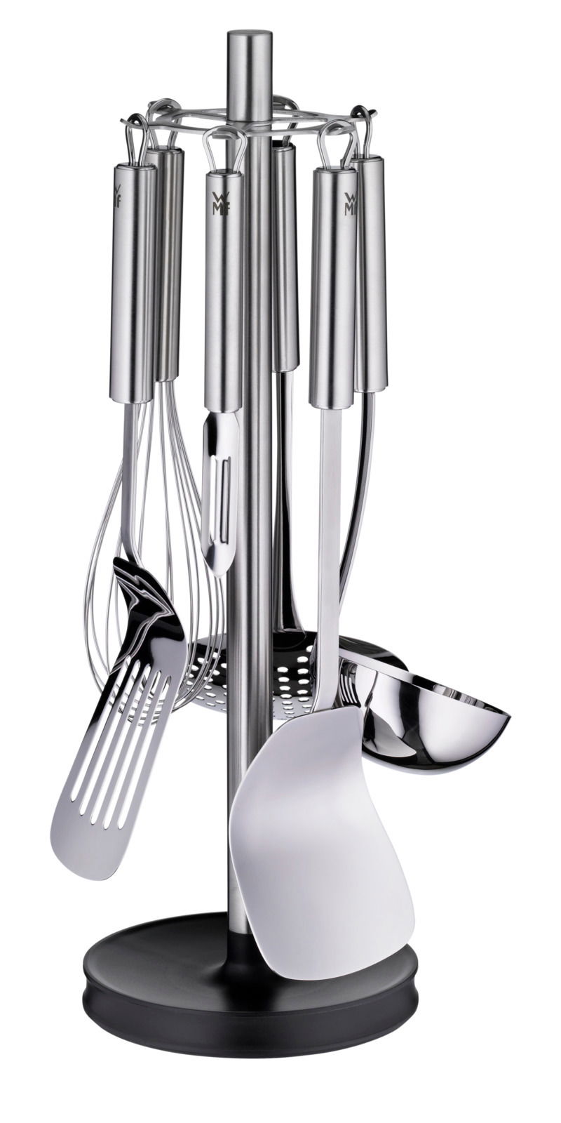 Küchenhelfer-Set Profi 7-tlg. aus Edelstahl, bestehend aus verschiedenen Utensilien wie Schöpflöffel, Schneebesen und Pfannenwender, auf einem Ständer präsentiert. Frontalansicht.