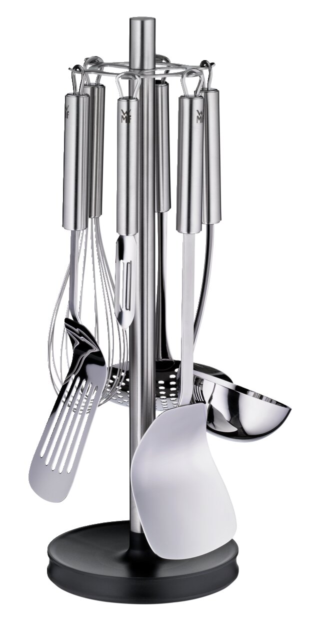Küchenhelfer-Set Profi 7-tlg. aus Edelstahl, bestehend aus verschiedenen Utensilien wie Schöpflöffel, Schneebesen und Pfannenwender, auf einem Ständer präsentiert. Frontalansicht.