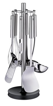 Küchenhelfer-Set Profi 7-tlg. aus Edelstahl, bestehend aus verschiedenen Utensilien wie Schöpflöffel, Schneebesen und Pfannenwender, auf einem Ständer präsentiert. Frontalansicht.