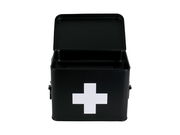 Schwarze Aufbewahrungsbox mit weißem Kreuz, geöffneter Deckel, Frontalansicht