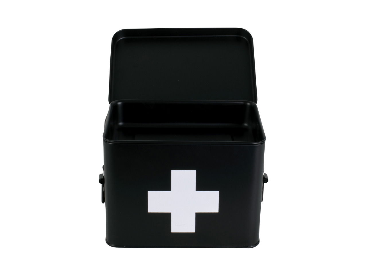 Schwarze Aufbewahrungsbox mit weißem Kreuz, geöffneter Deckel, Frontalansicht