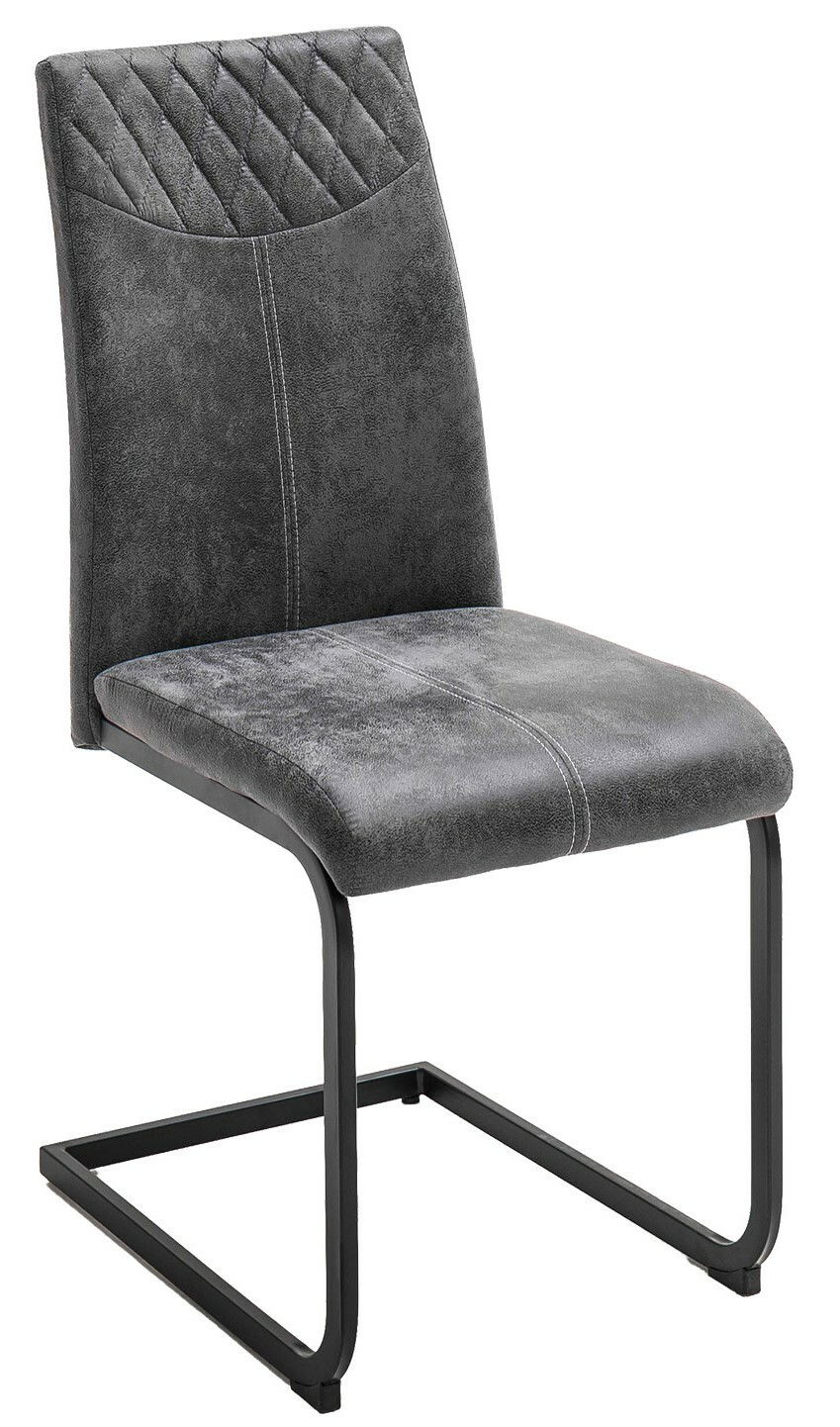 Grauer Schwingstuhl mit gepolsterter Sitzfläche und Rückenlehne, seitliche Perspektive