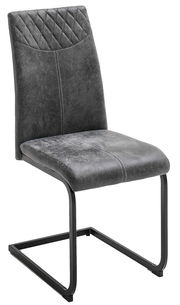 Grauer Schwingstuhl mit gepolsterter Sitzfläche und Rückenlehne, seitliche Perspektive