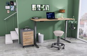 Moderner E-Schreibtisch in einem stilvollen Büro mit grüner Wand, Rollcontainer und ergonomischem Hocker, seitliche Perspektive.