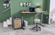 Moderner E-Schreibtisch in einem stilvollen Büro mit grüner Wand, Rollcontainer und ergonomischem Hocker, seitliche Perspektive.